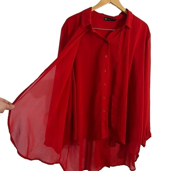 Fashion to Figure Red Chiffon Blouse 3X Hi Low Long Sleeves Sheer Slit Backside - Picture 4 of 9